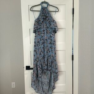 Blue floral high low halter dress, size small